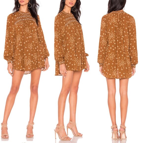Free People Flowers In Her Hair Brown Boho Tunic Longline S Smocked Ditsy $118 - Picture 3 of 16